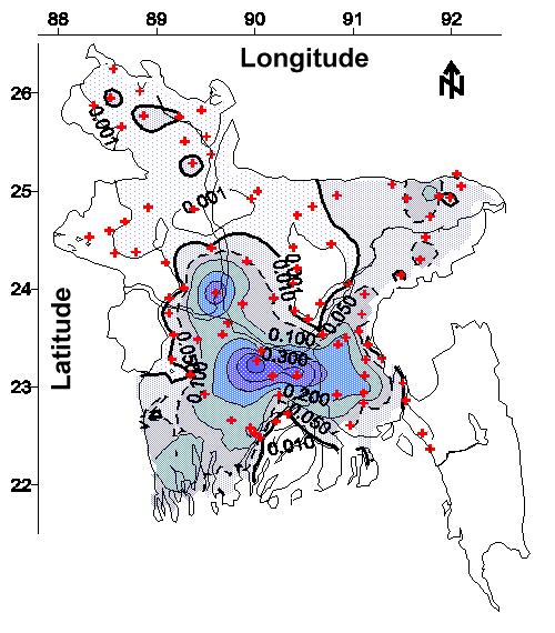 Contour map of As concentration (mg/L) in tubewell water from the 1998-1999 field program.