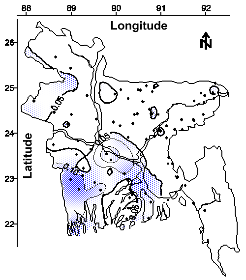 Map of the average arsenic concentration (mg/L) in water from tubewells greater than 30.5 m (100 feet) bgs.