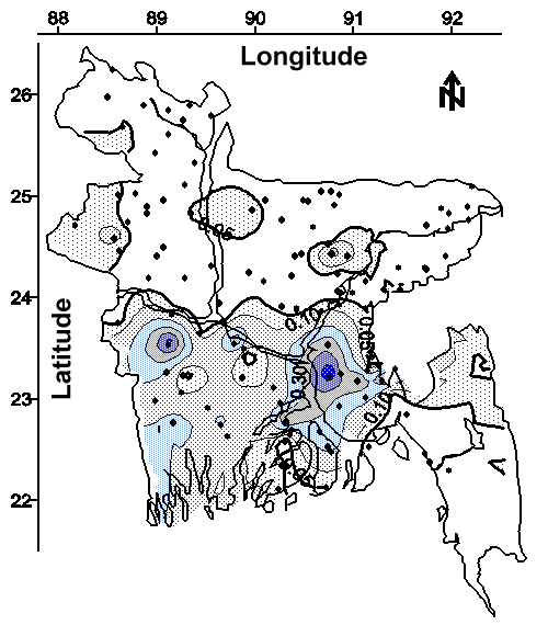 Map of the average arsenic concentration (mg/L) in water from tubewells less than 30.5 m or 100 feet bgs.