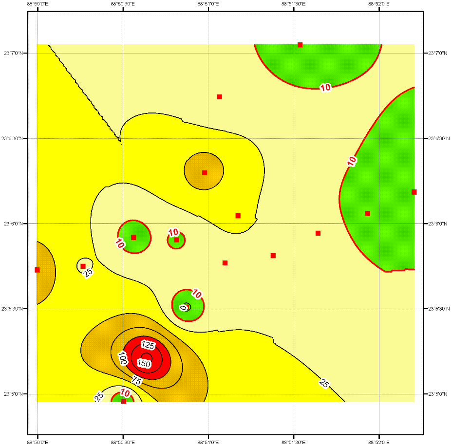 Contour map of As concentration (μg/L) in tubewell water from the Bongaon neighborhood area.  The red contour line represents the 10 μg/L WHO health-based drinking water guideline (ArcGIS™ Version 9.1).