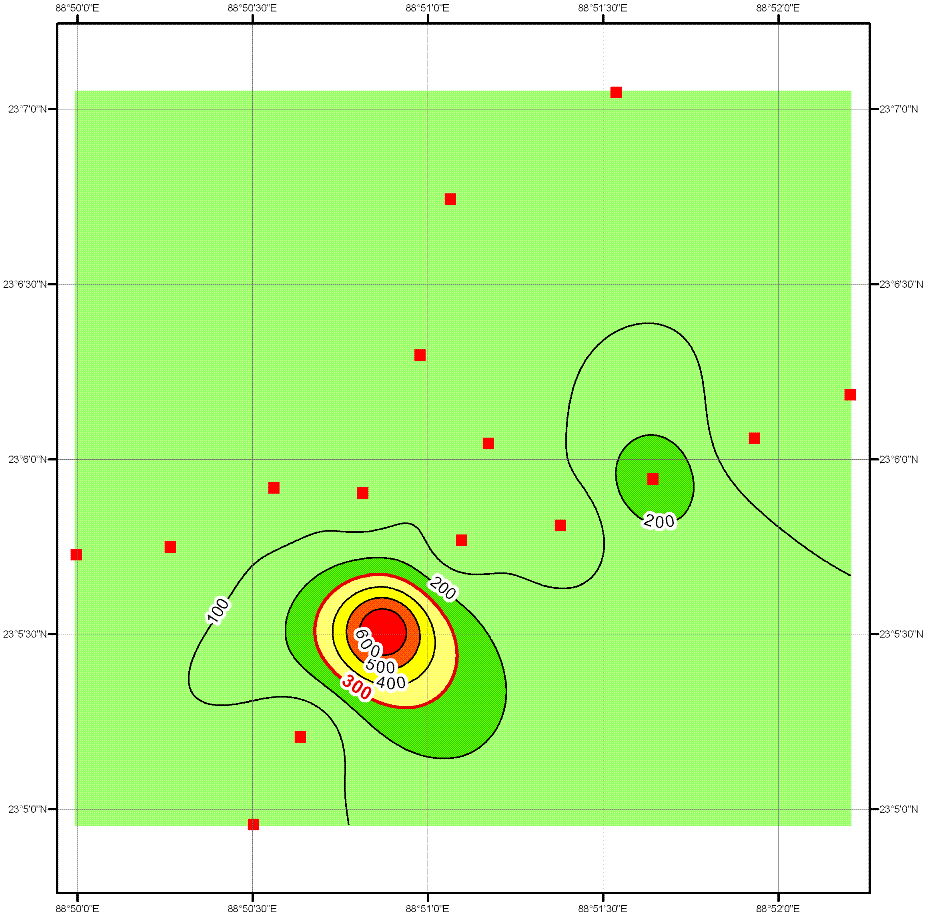 Contour map of B concentration (μg/L) in tubewell water from the Bongaon neighborhood area.  The red contour line represents the 300 μg/L WHO health-based drinking water guideline (ArcGIS™ Version 9.1).