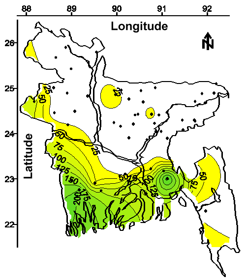 Map of the average chloride concentration (mg/L) in water from tubewells less than 30.5 m (100 feet) bgs.