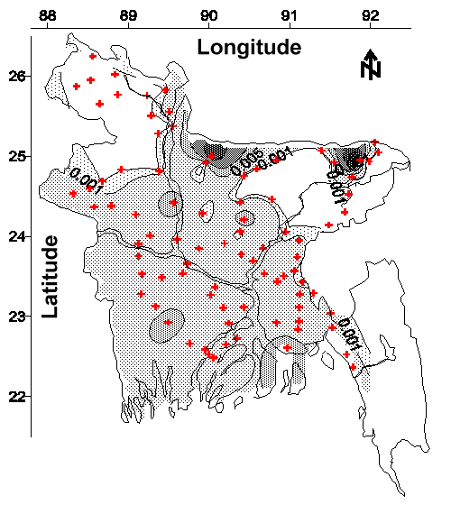 Contour map of total Cr concentration (mg/L) in tubewell water from the 1998-1999 field program.