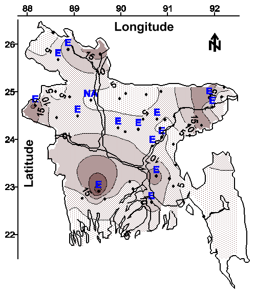Map of the average total iron concentration (mg/L) in water from tubewells less than 30.5 m (100 feet) below ground surface (bgs).
