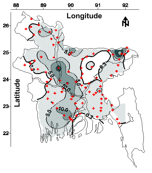 Contour map of total Fe concentration (mg/L) in tubewell water from the 1998-1999 field program.