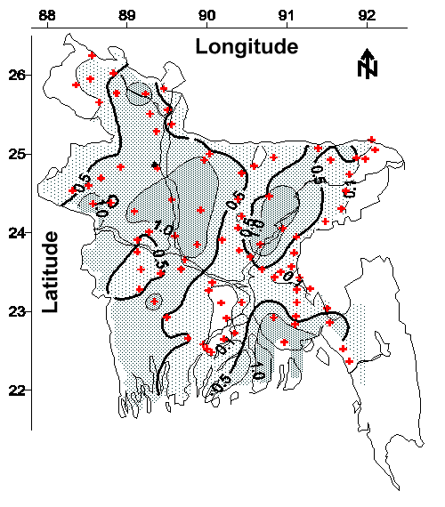 Contour map of Mn concentration (mg/L) in tubewell water from the 1998-1999 field program.