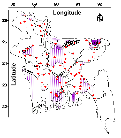 Contour map of Ni concentration (mg/L) in tubewell water from the 1998-1999 field program.