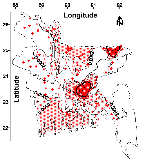 Contour map of Pb concentration (mg/L) in tubewell water from the 1998-1999 field program.