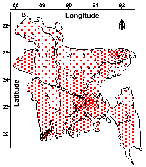 Map of the average phosphate concentration (mg/L) in water from tubewells less than 30.5 m (100 feet) bgs.