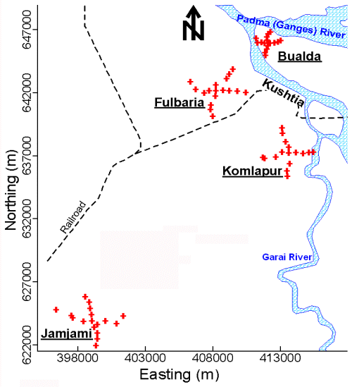 Map of western Bangladesh showing the 4 neighborhoods where groundwater samples were collected from tubewells.