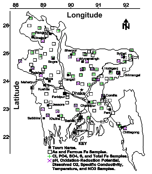 Locations where groundwater samples were collected from tubewells during the 1997 field program.