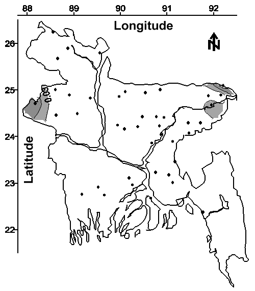 Map of the average sulfide concentration (mg/L) in water from tubewells less than 30.5 m (100 feet) bgs.
