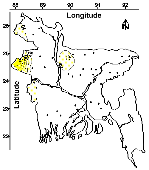 Map of the average sulfate concentration (mg/L) in water from tubewells less than 30.5 m (100 feet) bgs.